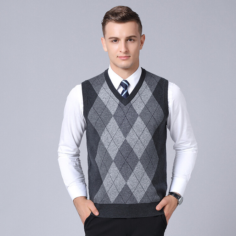 Spring and Autumn European and American Style Young Men's Diamond Jacquard Knit Vest Sleeveless Versatile Casual Base Sweater Vest