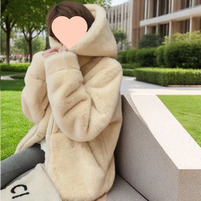 毛绒绒外套女冬仿獭兔毛皮草连帽中长款棉衣加厚保暖时尚宽松大衣