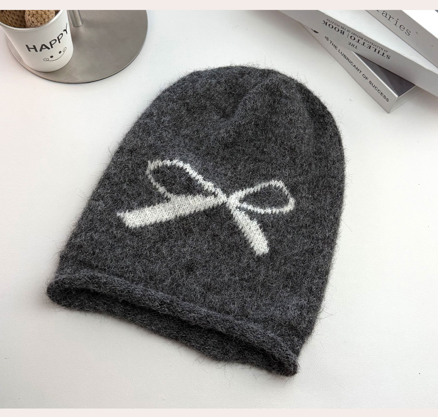 Herbst-Winter-Mütze mit Schleife im koreanischen Stil, schlicht, figurschmeichelnd, aus Wolle gestrickt, für Damen mit großem Kopfumfang, ideal für Outdoor-Aktivitäten_voghion.com