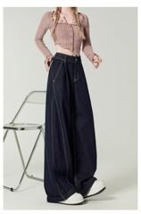 美式复古深蓝色阔腿牛仔裤女设计感简约高腰显瘦宽松梧桐镰刀裤