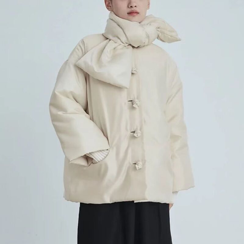 Nordic TOT cotton-padded jacket autumn and winter new glossy kink buckle loose scarf collar clip cotton coat women's top