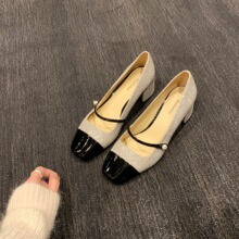 羊皮版~葡萄妈同款闪闪亮片小香风方头一字带粗跟玛丽珍鞋女单鞋