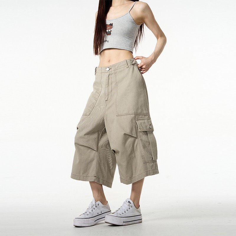 Summer New Trendy Brand Multi-Pocket Cropped Pants for Men and Women, American-Style Loose Casual High-End Wide-Leg Cargo Pants Summer New Trendy Brand Multi-Pocket Cropped Pants for Men and Women, American-Style Loose Casual High-End Wide-Leg Cargo Pants