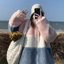 韓風奶系羊羔毛外套女冬拼色棉服2021新款設計感小眾時尚洋氣棉衣