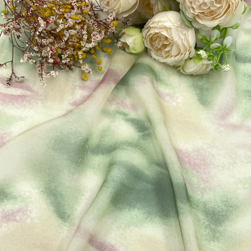 半透垂感 绿紫色扎染水墨不规则扎染化纤天丝布料连衣裙纱裙面料