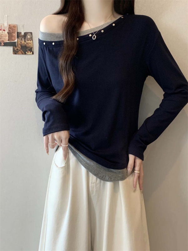 美式辣妹假两件斜领露肩长袖t恤女秋季修身设计感打底衫内搭上衣|undefined
