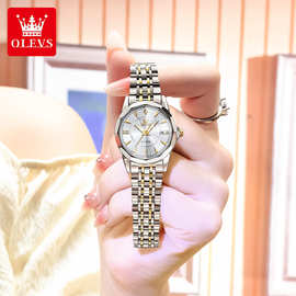 欧利时Olves跨境实心不锈钢带女士手表双日历防水商务休闲石英表