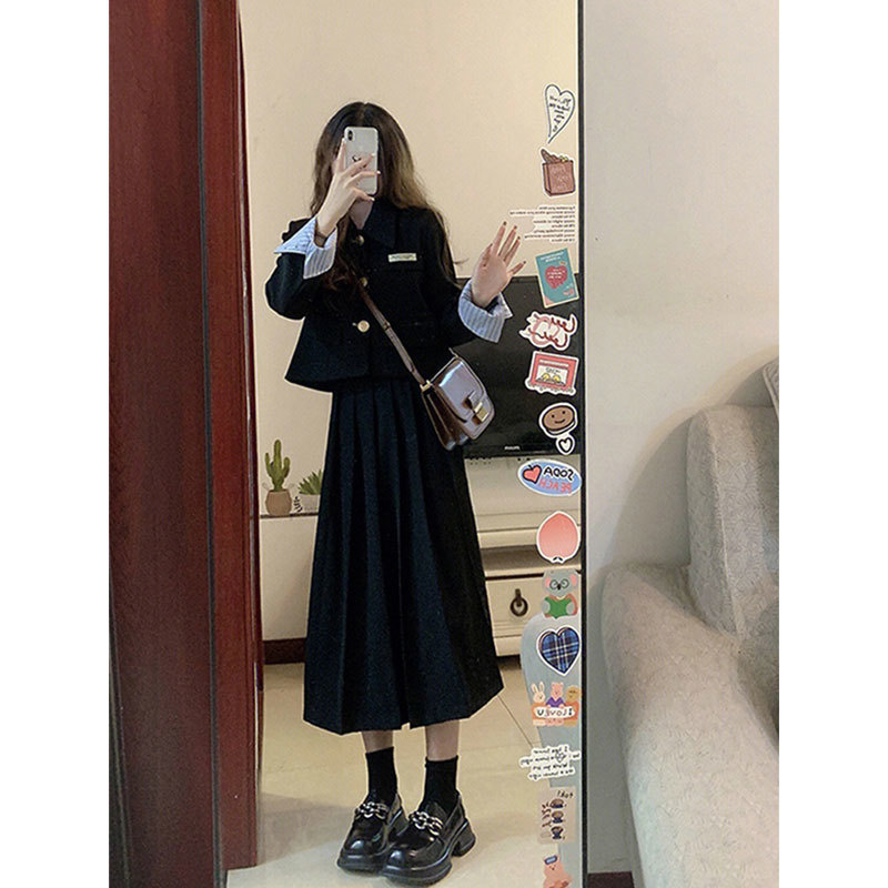 学院风精致黑色西装套装女高级感春装新款外套半身裙两件套小个子|undefined