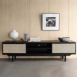 北欧藤编实木双门电视柜客厅家用小户型听视柜白蜡木黑色地柜边柜