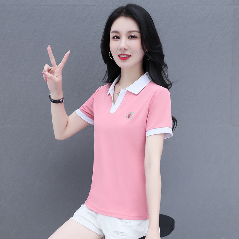 Lapel Polo Shirt for Women, Summer 2025 New Style, Middle-Aged Mom Casual Top, Women's Short-Sleeved V-Neck T-Shirt Wholesale Lapel Polo Shirt for Women, Summer 2025 New Style, Middle-Aged Mom Casual Top, Women's Short-Sleeved V-Neck T-Shirt Wholesale