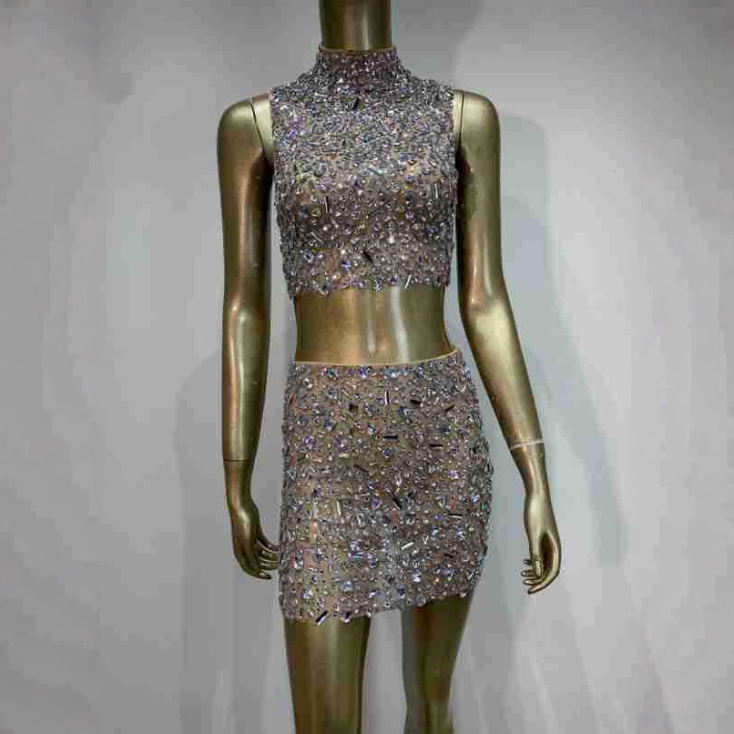Cross-Border Amazon Women's Clothing New European and American Hot Girl Suit Rhinestone Mesh See-Through Skirt Suit Nightclub Sexy Clothes