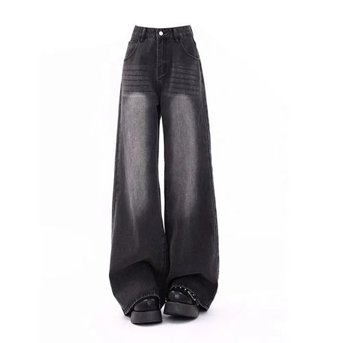 Women's Straight Leg Retro Black and Grey High-Waisted Skinny Jeans with Distressed Effect, Showcasing 2025 New Arrival