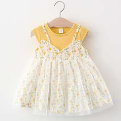 夏季新款ins童裙碎花女寶寶飛袖連衣裙女童假兩件網紗拼接外貿爆