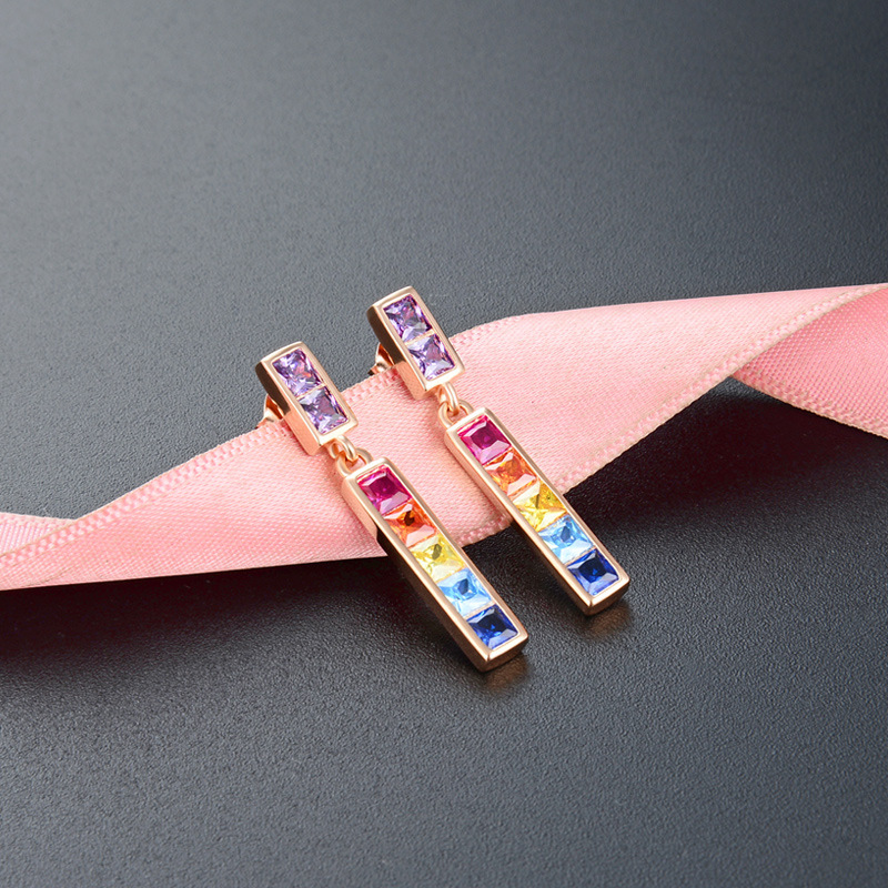 Japonés y estilo coreano moda ol sola fila diamante ZIRCON pendientes s925 plata esterlina con incrustaciones de diamantes de color rosa pendientes de oro joyería del oído femenino