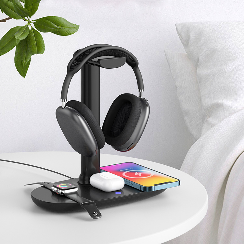 Soporte para auriculares, cargador inalámbrico rápido tres en uno para reloj y teléfono, magnético y plegable.