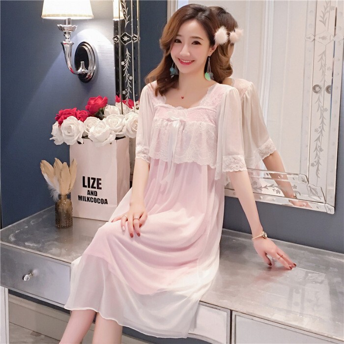 Live Broadcast Cross-Border Summer Fairy Style Three-Quarter Sleeve Loose Plus Size Fat Girl Mesh Nightgown Sweet Romantic Home Nightgown