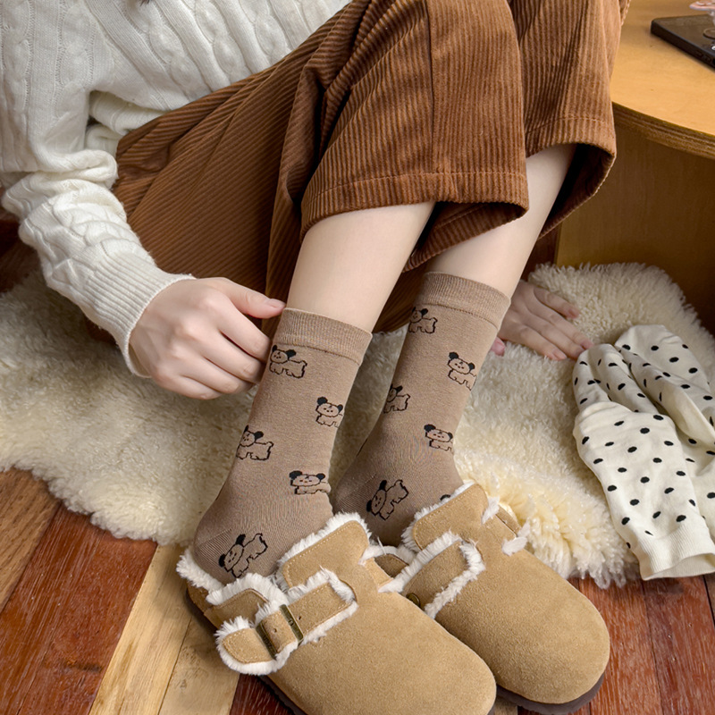 Suxinaimin Otoño e Invierno de dibujos animados perro lindo mediados de la pantorrilla calcetines de longitud niñas todo partido calcetines de moda Maillard usar calcetines