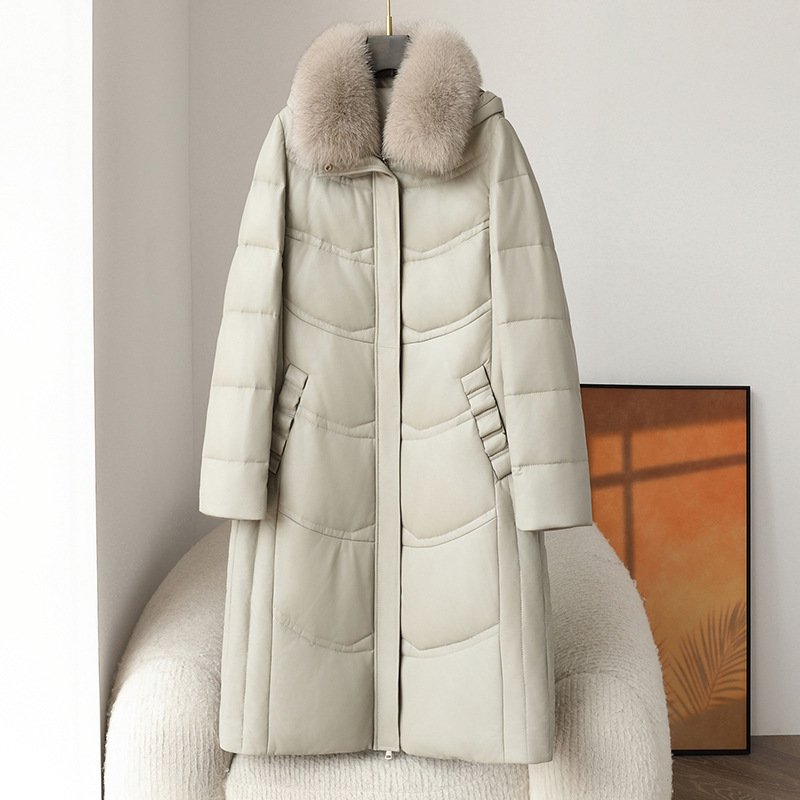 Winter New Genuine Leather down Jacket Women's Long Over-The-Knee Fox Fur Collar Hooded Loose Classy Sheep Fur Outwear