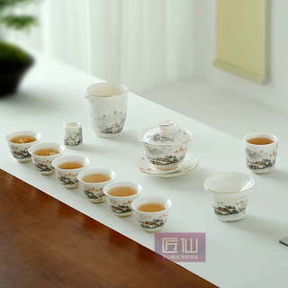羊脂玉瓷山谷雅居12头圆满套组家用泡茶功夫茶具套装