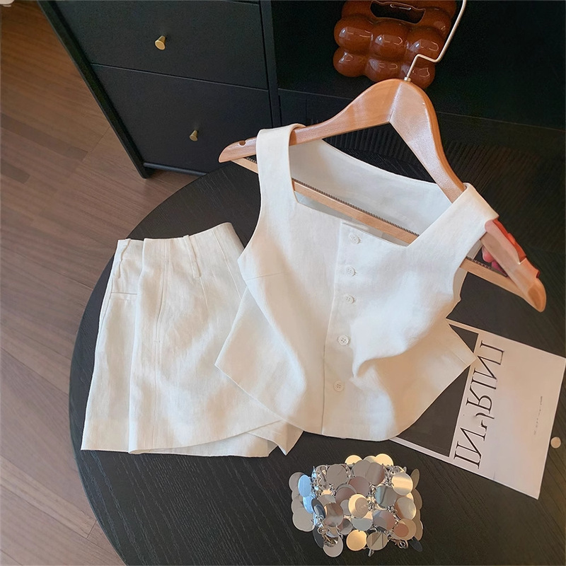 French White Linen Vest Shorts Suit Women's Summer 2025 New Style Simple Elegant High-End Casual Two-Piece Set
