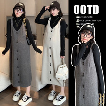 网红孕妇秋装连衣裙2025新款韩版宽松立领针织上衣+背带裙两件套