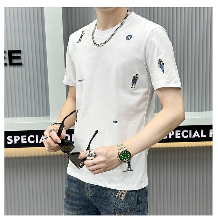 Summer Embroidered Short-sleeved Men's T-shirt American Trendy Brand 2024 New Slim-fit Crew Neck Youth Fashion Short-sleeved Bottoming Shirt_viptrois.com