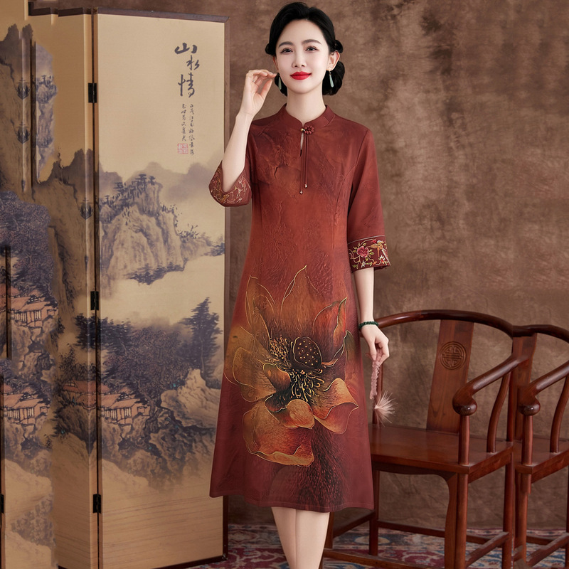 Hualuo Silk Xiangyunsha Dress for Women, 2026 Summer New Style, Elegant and Luxurious, Slimming and Noble Dress for Mothers
