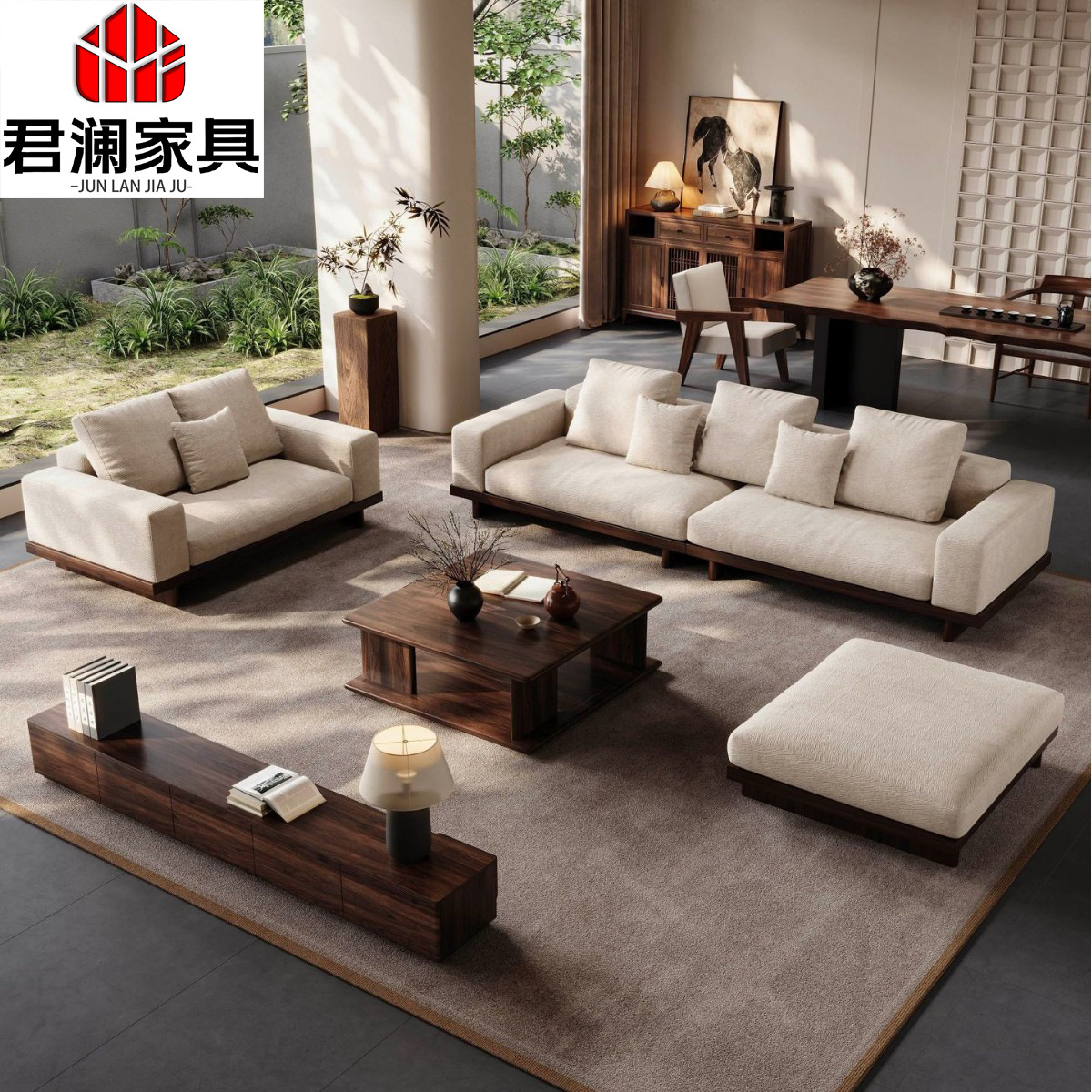 Song-Style Aesthetic Solid Wood Sofa, New Chinese Style Black Walnut, Suitable for Various-Sized Living Rooms, Straight-Row Cotton and Linen Genuine Leather Sofa Set