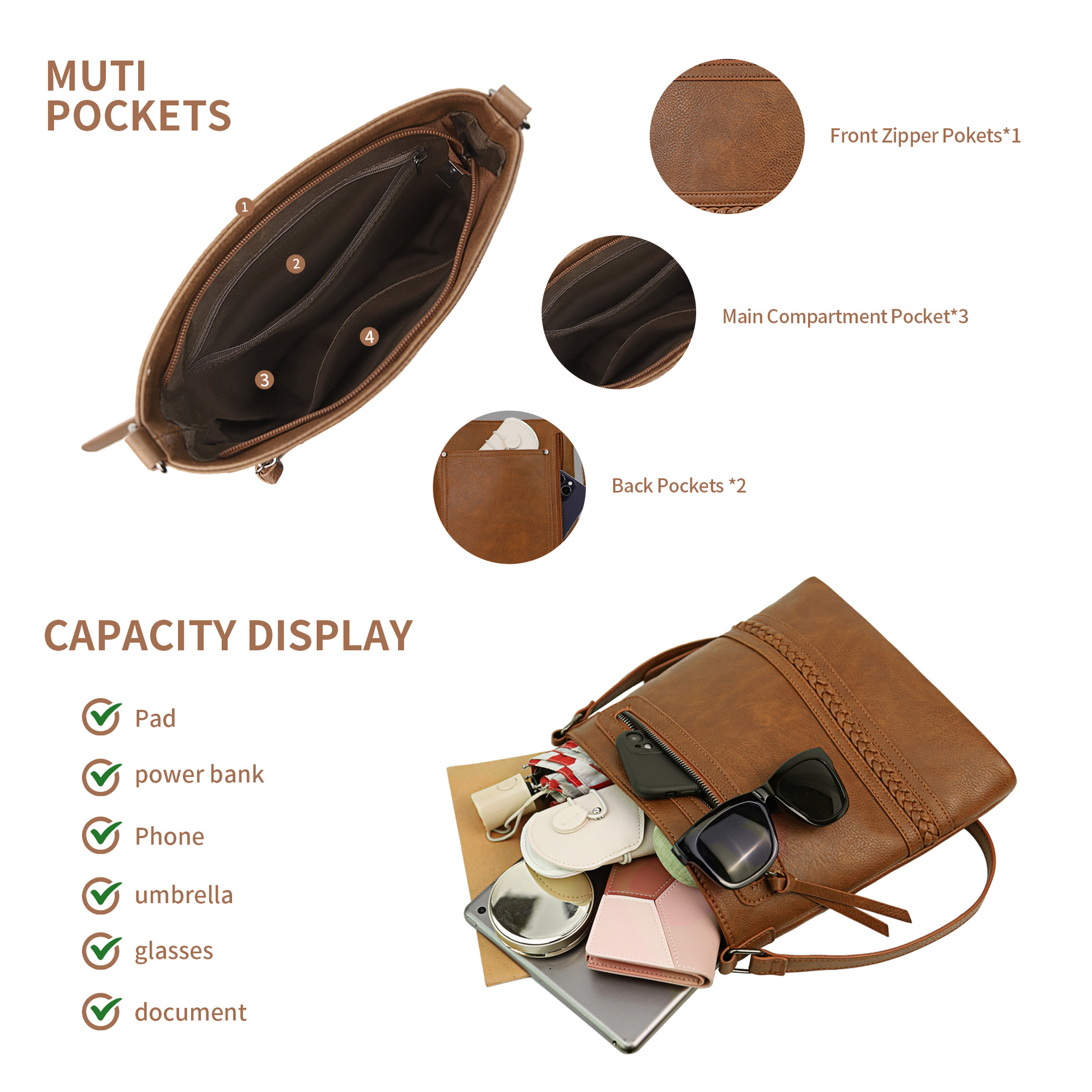 All Seasons Season Women's Pu Leather Solid Color Basic Vintage Style Square Zipper Shoulder Bag