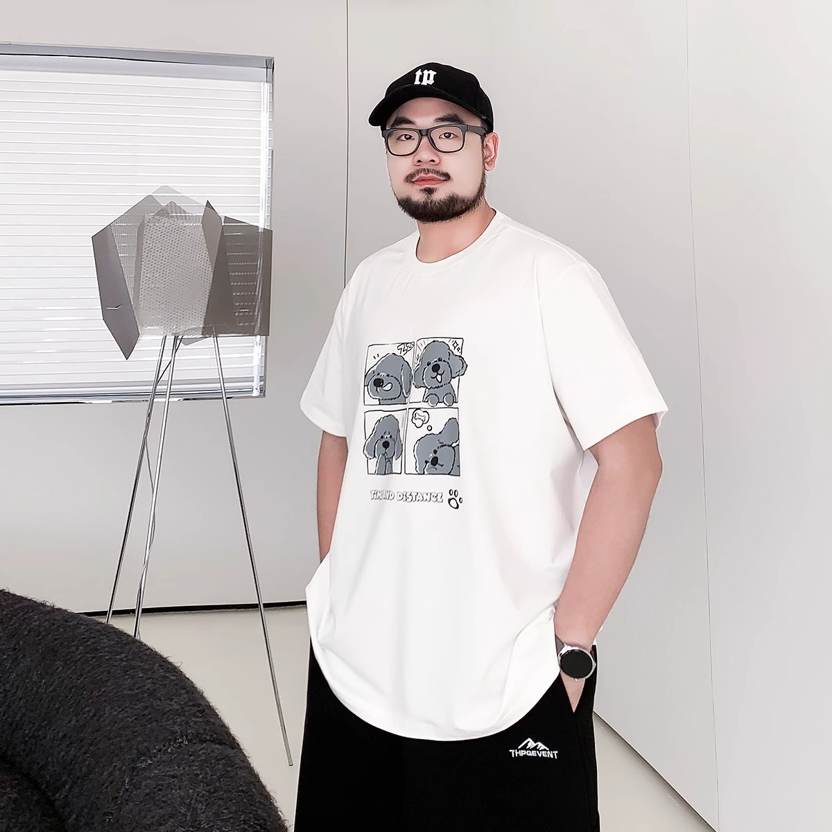 潮牌大码夏季男装卡通小狗印花大码宽松休闲加肥加大圆领短袖t恤