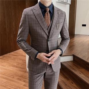 Men's Single-Breasted Plaid Suit Business Casual Formal Three-Piece Suit Texture Slim Groom Suit Dress