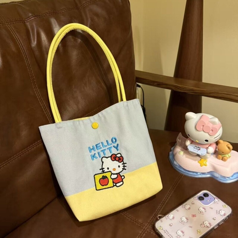 High-Appearance-Value Cream-Colored Kitty Embroidered Handbag, Cute and Sweet Handbag, Large Capacity Shopping Bag Y92