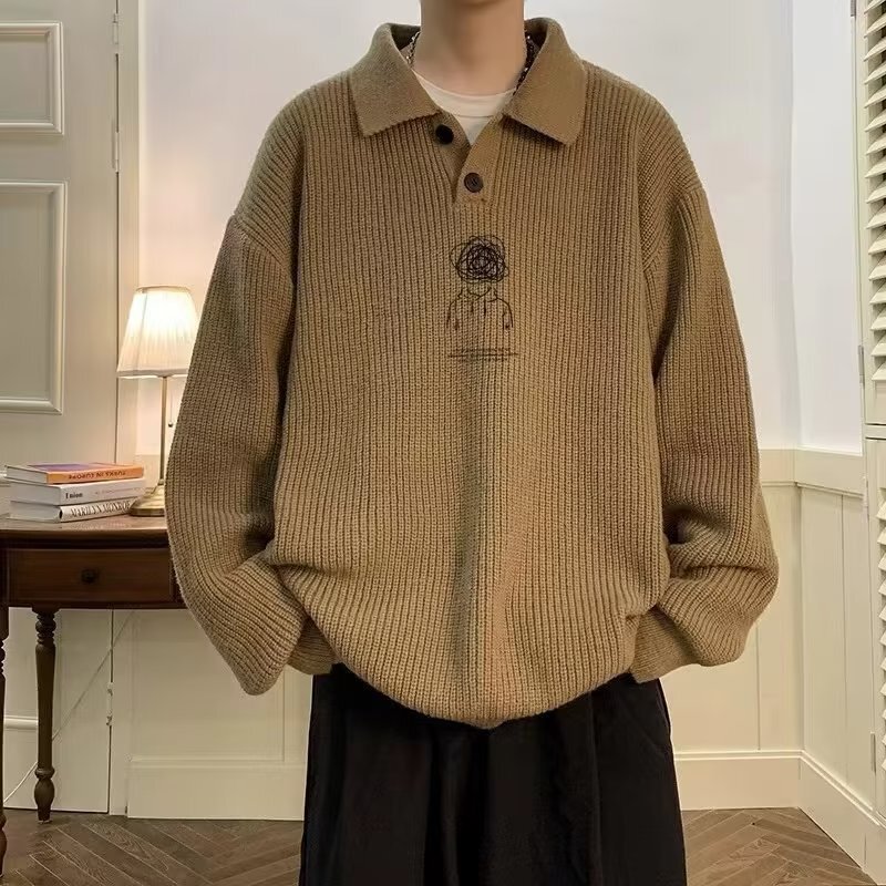 Japanese Style Lazy Style Long-sleeved Polo Collar Sweater Men's American Style Retro High-grade oversize Inner Knitted Sweater for Winter Japanese Style Lazy Style Long-sleeved Polo Collar Sweater Men's American Style Retro High-grade oversize Inner Knitted Sweater for Winter