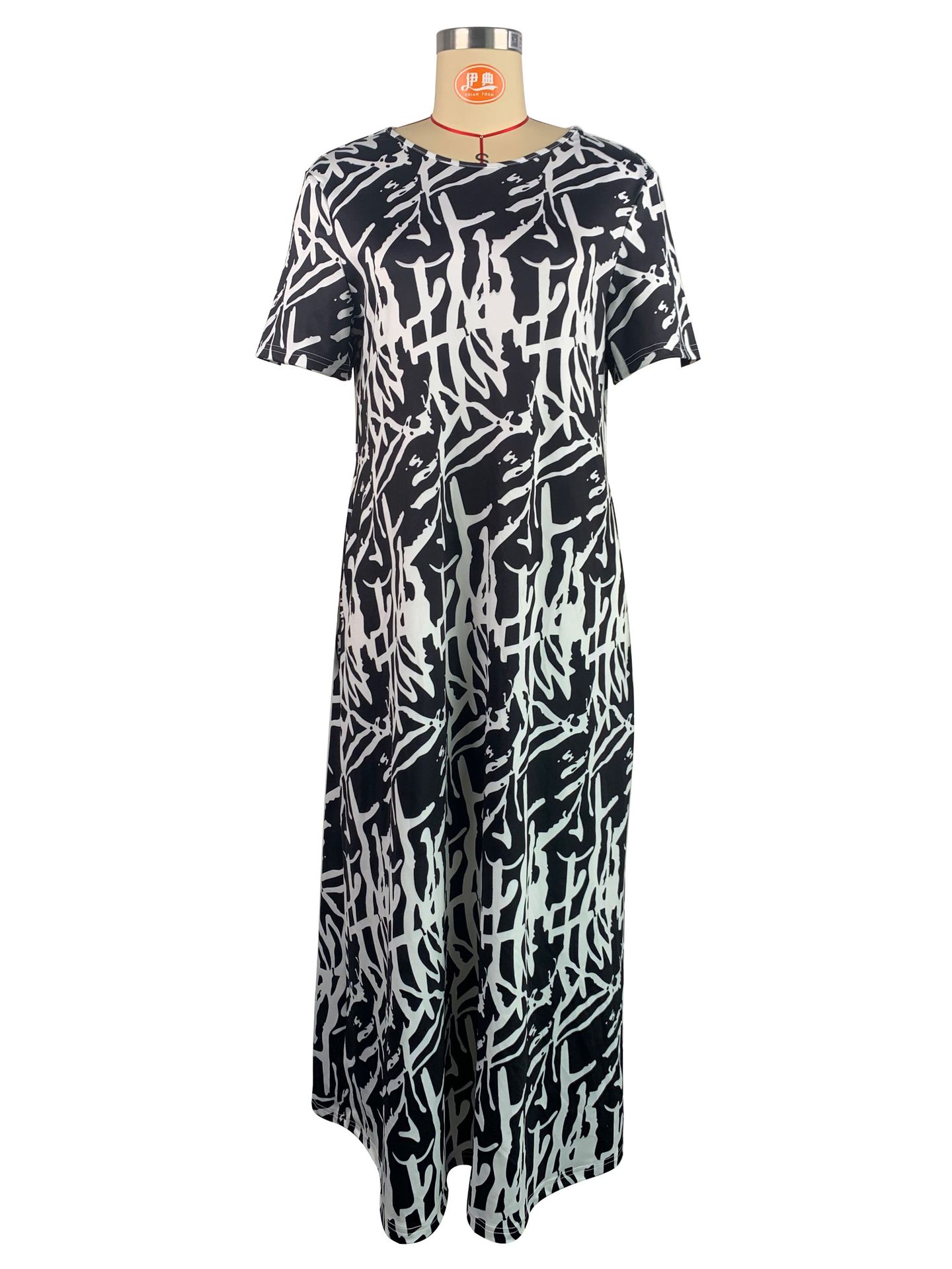 Casual Outing Abstract Printing Black White Short Sleeve Dress Comfortable Home Loose Dress