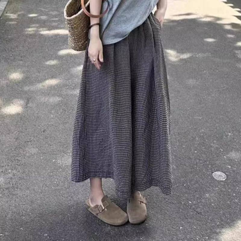 阔腿裤夏季薄款套装两件套垂坠感长裤宽松格子裤裙女夏季裤装休闲|undefined