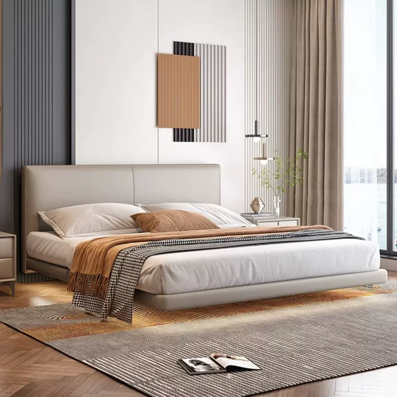 意式极简真皮悬浮床主卧齐边双人大床现代简约感应灯薄床头悬空床