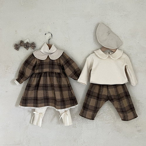 Korean version of the new spring and autumn baby doll collar long-sleeved lace dress baby checkered cute princess trendy dress