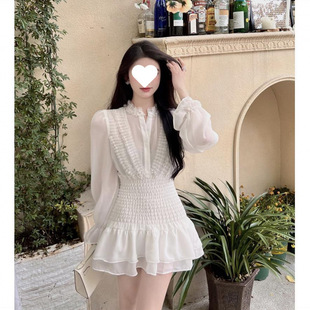 Hepburn Style White Long-Sleeved Chiffon Dress Summer Elegant Pleated Design Waist A-Line Fairy Short Skirt