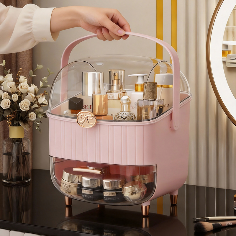 Caja de almacenamiento a prueba de polvo para productos de cuidado de la piel de tocador, caja de almacenamiento de cosméticos multicapa, estante de almacenamiento de cosméticos de gran capacidad