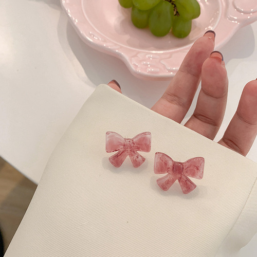 Pink Hoop Earrings Sweet Fresh and Versatile Instagram Bow Earrings for Women Summer  New Trend Earrings Mori Style