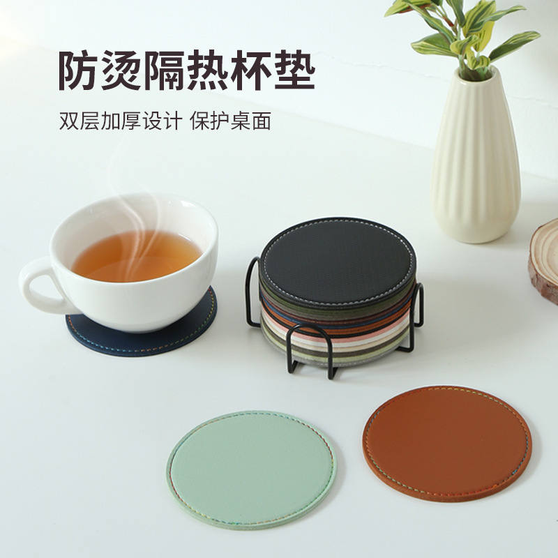 コースター ティーマット 断熱カップ 北欧 PUレザー テーブルマット ホテル 防汚 ラウンド コーヒーマット 家庭用 火傷防止レザー|undefined