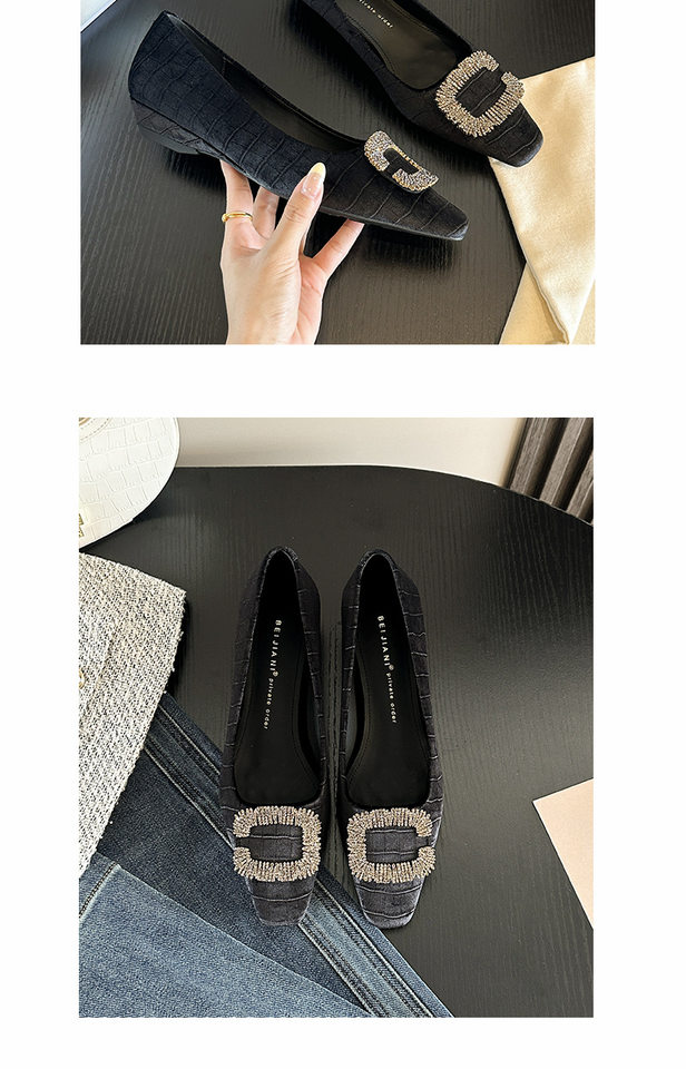 Giày Mary Jane nữ mũi vuông đế xuồng gót thấp, khóa chữ C đính đá, phong cách retro — Vàng cổ, Xanh đậm, màu đen chi tiết 12
