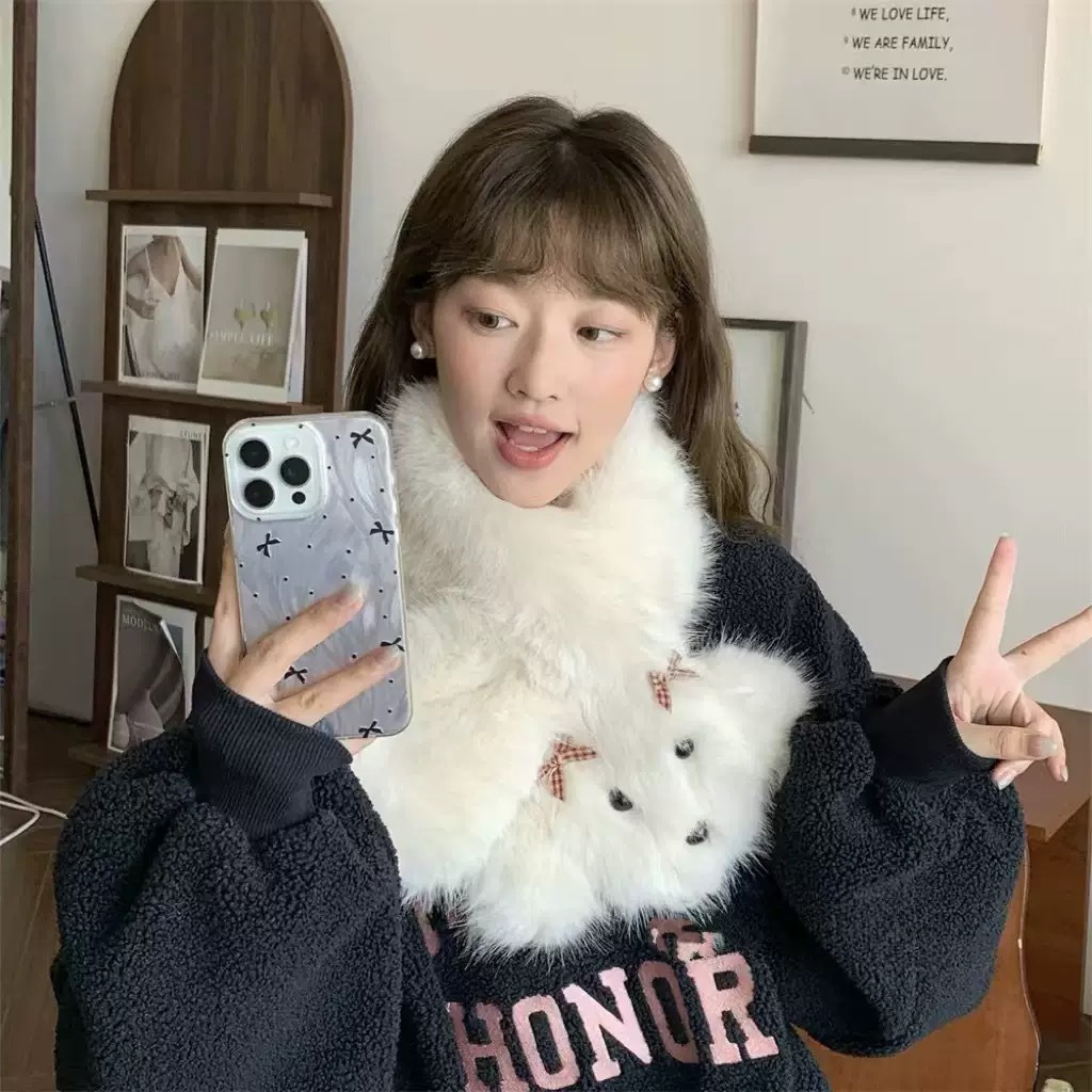 Cute plush puppy bow scarf for women, white, warm, versatile, neck-protecting, cross-over style, small size, new autumn/winter collection