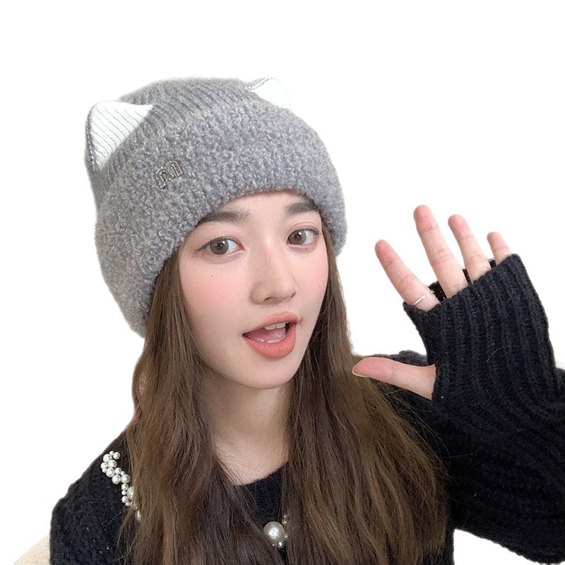Autumn Winter For Women Sweet Cute M Cat Ear Plush Versatile Cold-Proof Pullover Outdoor Knitted Hat_voghion.com