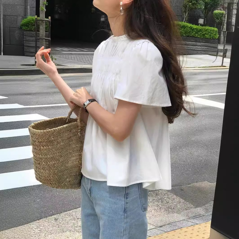 Korean Style Chic Summer French Style Gentle Lace Stand Collar Pleated Loose Casual Puff Sleeve Shirt Top for Women Korean Style Chic Summer French Style Gentle Lace Stand Collar Pleated Loose Casual Puff Sleeve Shirt Top for Women
