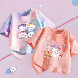 2024夏季新款儿童T恤上衣百搭可爱卡通扎染圆领男女宝宝时尚洋气