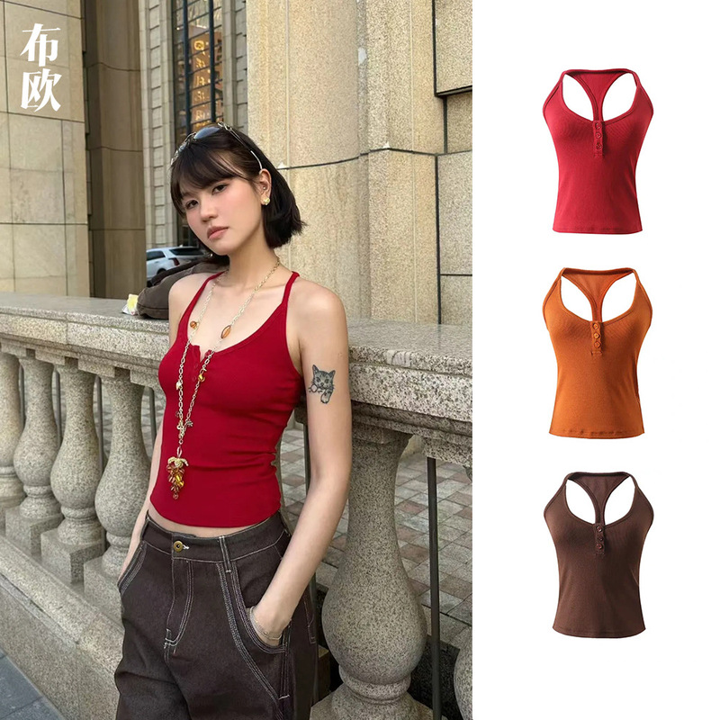 【Clearance, No Returns】Designer Brand Basic Style Button Front Tank Top with Side Breast Coverage and Racerback Design 【Clearance, No Returns】Designer Brand Basic Style Button Front Tank Top with Side Breast Coverage and Racerback Design