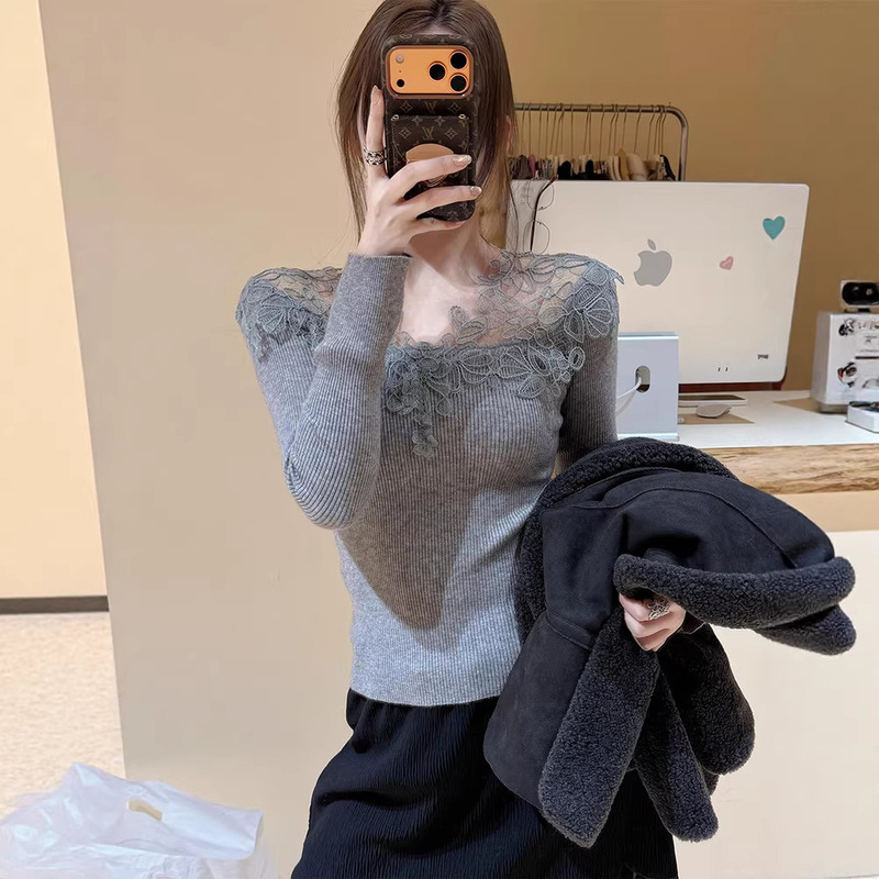 Beautiful Gray Lace Spliced ​​Knitted Bottoming Sweater for Women, Autumn and Winter Sweater, 2026 New Style, High-End Inner Wear Top
