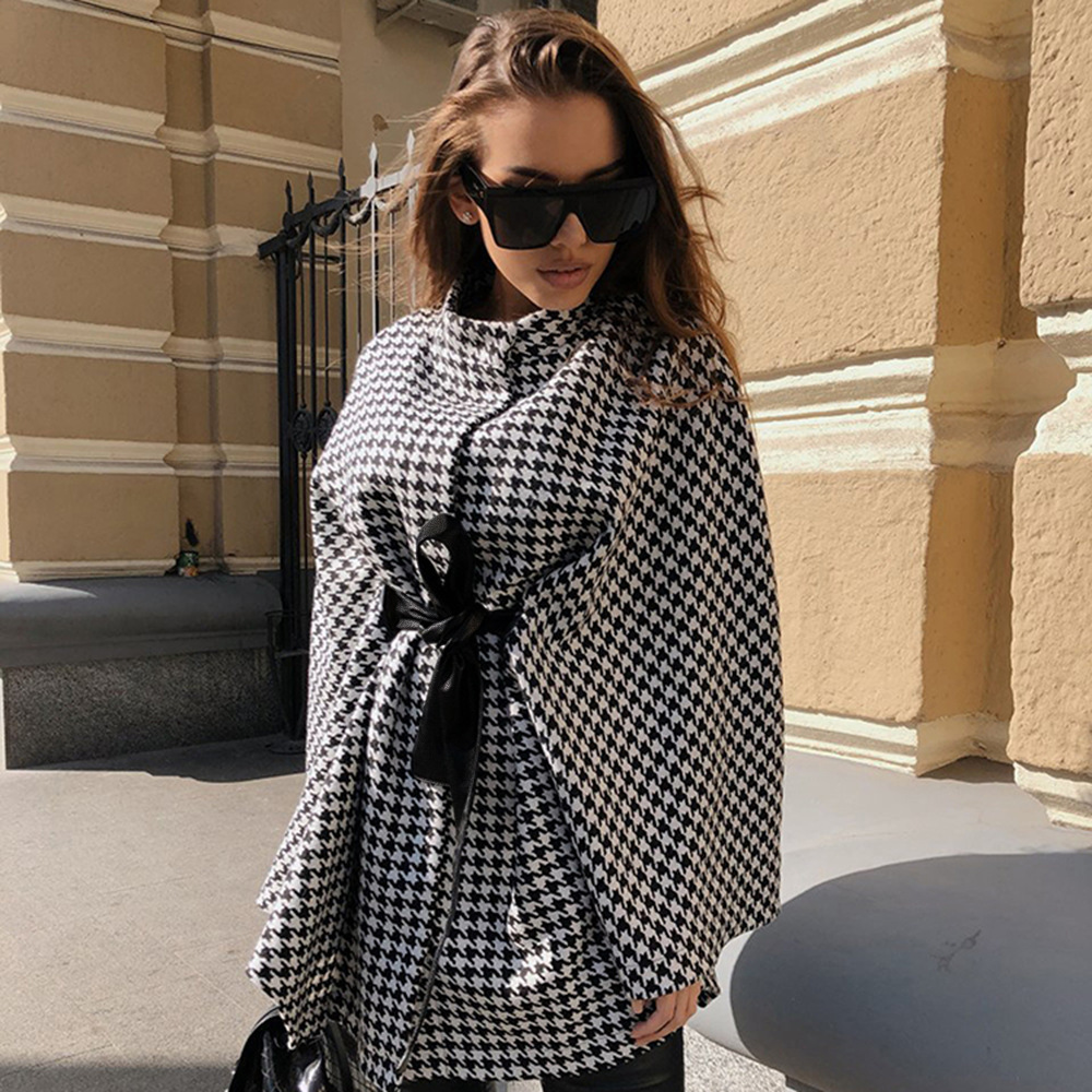 women's houndstooth woolen loose tie cloak coat nihaostyles clothing wholesale NSXPF72443