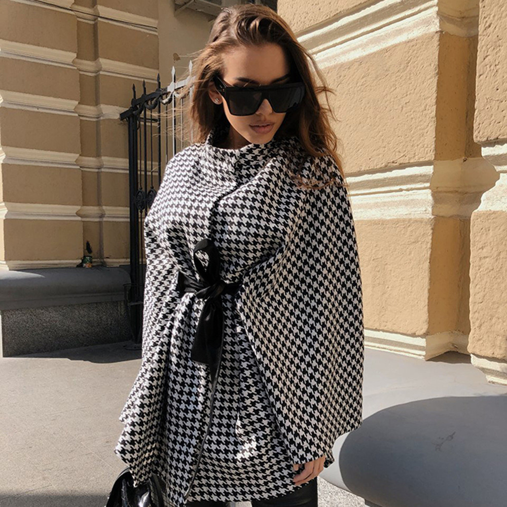 women s houndstooth woolen loose tie cloak coat nihaostyles clothing wholesale NSXPF72443